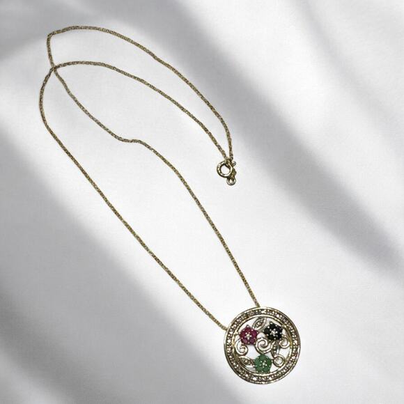 Vintage 18K Gold over 925 Ruby Emerald Sapphire and Diamond Pendant Necklace - Picture 3 of 5
